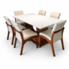Mesa Emirados Amêndoa com tampo off White 180x 100 + 06 cadeiras Milano amêndoa linho banco