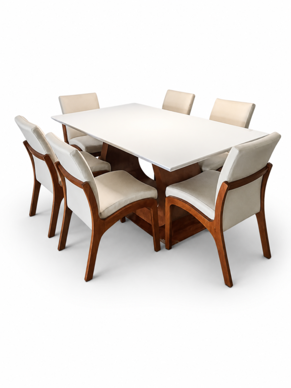 Mesa Emirados Amêndoa com tampo off White 180x 100 + 06 cadeiras Milano amêndoa linho banco