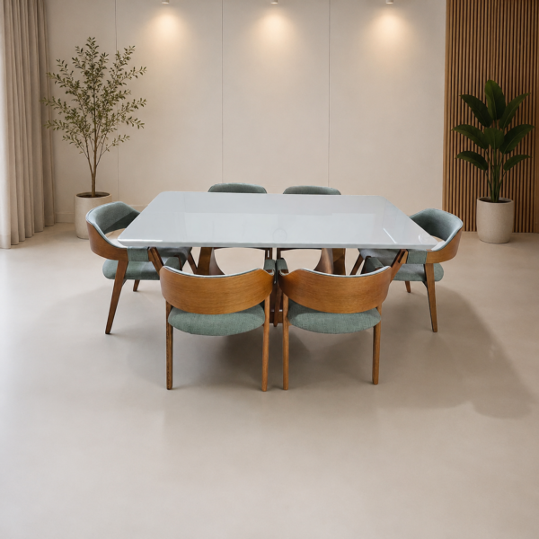 Conjunto Emirados tampo vidro180x100 cm Off White com Cadeiras Safira Verde Linho