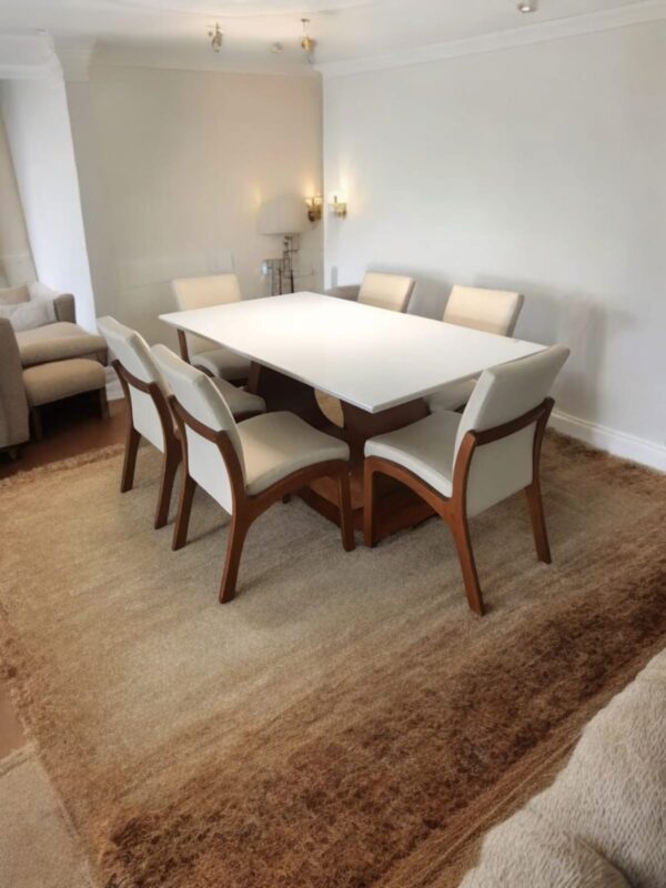 Mesa Emirados Amêndoa com tampo off White 180x 100 + 06 cadeiras Milano amêndoa linho banco