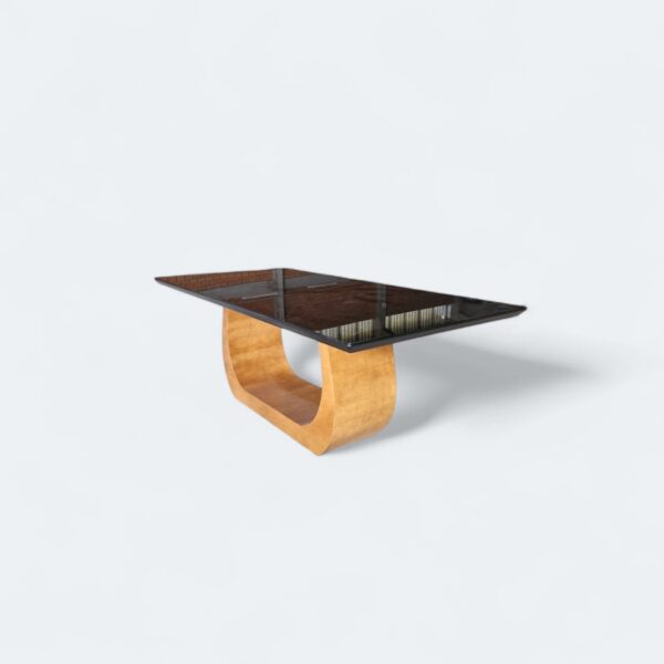 Mesa Emirados Madeira Amêndoa com Tampo de Vidro Preto 160 x 90