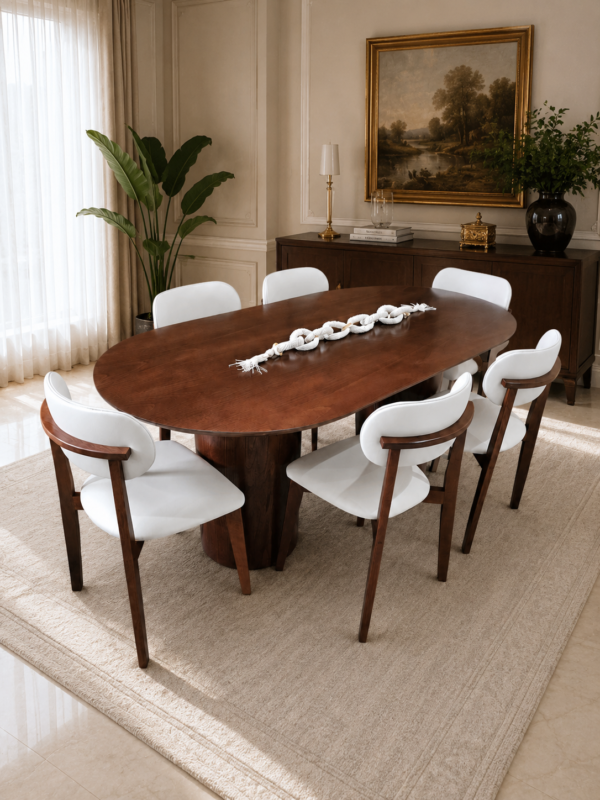 Conjunto Serena Pinhão 200x100 cm + 06 Cadeira Serena Pinhão Palha com Estofado em Facto branco