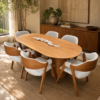 Conjunto Treviso Amendoa 200x100 cm + 06 Cadeira Safira Amêndoa com estofado em Linho Branco
