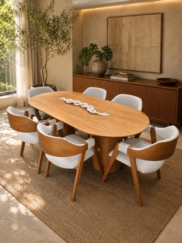 Conjunto Treviso Amendoa 200x100 cm + 06 Cadeira Safira Amêndoa com estofado em Linho Branco