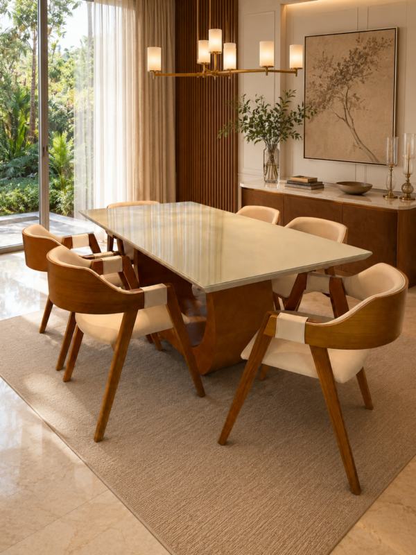 Conjunto Emirados 180x100 cm+ 06 Cadeiras Safira Cadeira Safira Amêndoa com estofado em Facto Branco