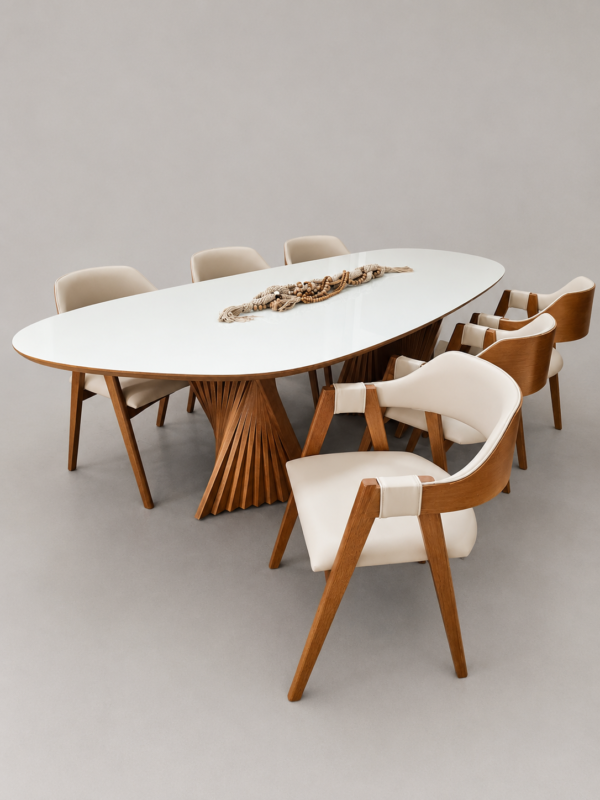 Conjunto Nápolis 260×130 com Vidro Off White + 06 Cadeiras Safira Courissimo Bege
