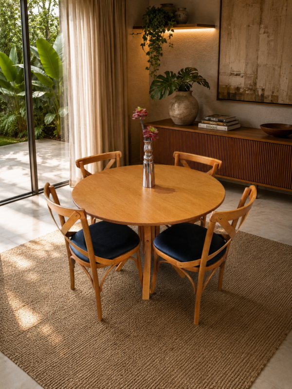 Conjunto Ambar Mesa 100 cm Mel com Cadeiras Treviso Mel com estofado em Facto Preto
