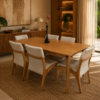 Conjunto Paluzzo Amêndoa 180×90 com 06 Cadeiras Milano Amêndoa com Estofado em Linho Branco