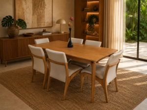 Conjunto Paluzzo Amêndoa 180×90 com 06 Cadeiras Milano Amêndoa com Estofado em Linho Branco