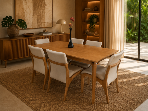 Conjunto Paluzzo Amêndoa 180×90 com 06 Cadeiras Milano Amêndoa com Estofado em Linho Branco