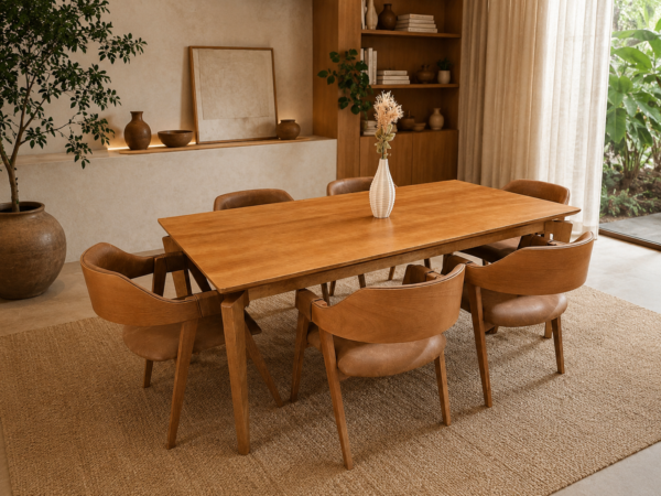 Conjunto Paluzzo Amêndoa 180×90 com 06 Cadeiras Safira Amêndoa Estofado em couríssimo Caramelo