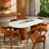 Conjunto Treviso Amêndoa com Tampo Branco e Vidro Branco 200×100 + 06 Cadeira Sorrento Amêndoa com estofado em Courissimo Caramelo
