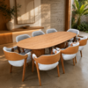 Conjunto Treviso Amendoa 260×130 + 08 Cadeira Safira Amêndoa com estofado em Courissimo Cinza 9302