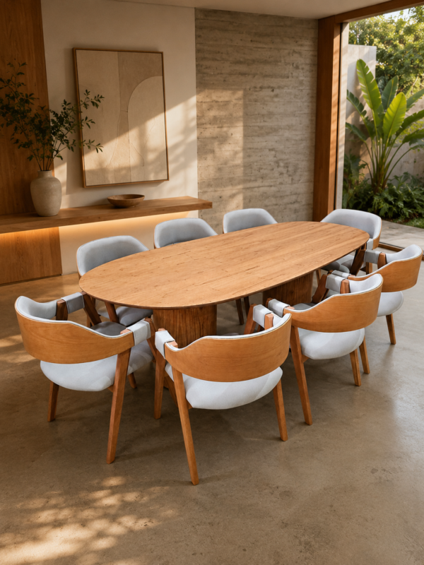 Conjunto Treviso Amendoa 260×130 + 08 Cadeira Safira Amêndoa com estofado em Courissimo Cinza 9302