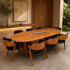 Conjunto Treviso Amendoa 260×130 + 08 Cadeira Safira Amêndoa com estofado em Courissimo Preto