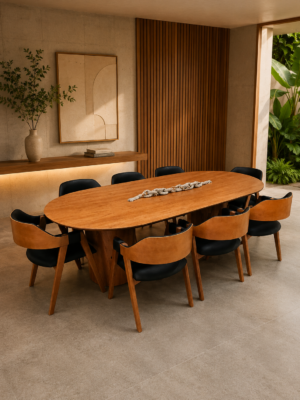 Conjunto Treviso Amendoa 260×130 + 08 Cadeira Safira Amêndoa com estofado em Courissimo Preto