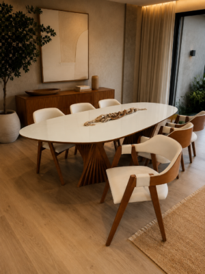 Conjunto Nápolis 260×130 com Vidro Off White + 06 Cadeiras Safira Courissimo Bege