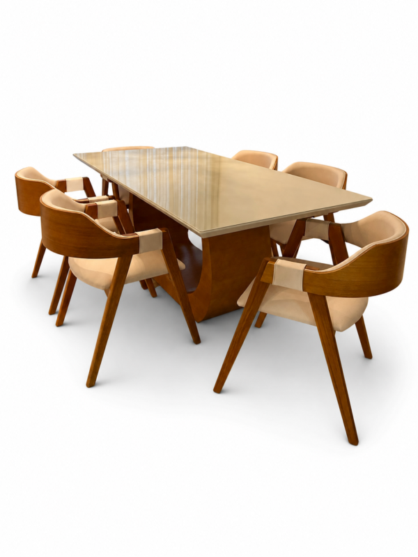 Conjunto Emirados 180x100 cm+ 06 Cadeiras Safira Cadeira Safira Amêndoa com estofado em Facto Branco