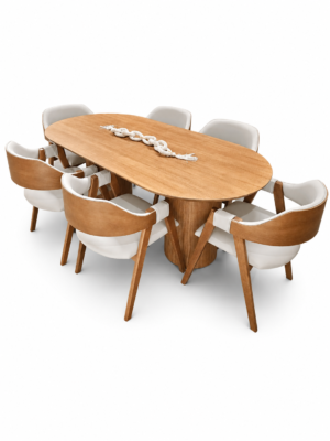Conjunto Treviso Amendoa 200x100 cm + 06 Cadeira Safira Amêndoa com estofado em Linho Branco