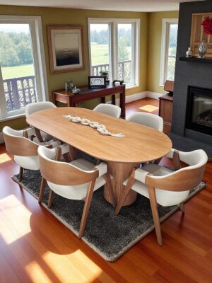 Conjunto Treviso Amendoa 200x100  + 06 Cadeira Safira Amêndoa com Estofado em Courissimo Bege