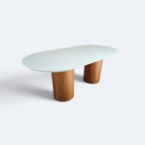 Mesa Treviso com Base Amêndoa e Tampo Branco com vidro Branco 200 x 100