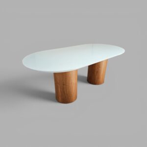 Mesa Treviso com Base Amêndoa e Tampo Branco com vidro Branco 200 x 100
