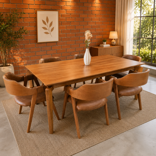 Conjunto Palazzo Amêndoa 180×90 com 06 Cadeiras Safira Amêndoa Estofado em couríssimo Caramelo