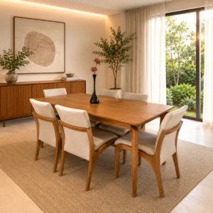 Conjunto Palazzo Amêndoa 180×90 com 06 Cadeiras Milano Amêndoa com Estofado em Linho Branco
