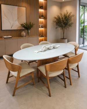 Conjunto Oval Provença 200x100 com Vidro Off White + 06 Cadeiras Emirados Amêndoa Courissimo Palha 9827