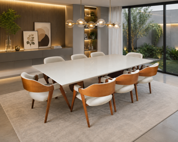 1000245931 Conjunto Emirados Amêndoa com Vidro Off White 220x110 + 08 Cadeiras Safira Courissimo Bege