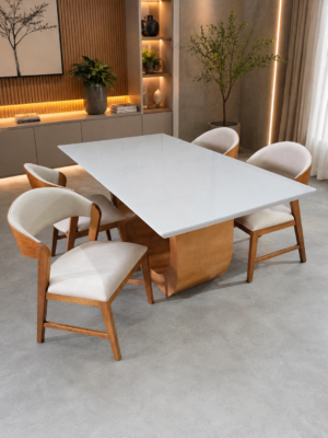 Conjunto Emirados Amêndoa com Tampo Vidro Off White 160x90 + 04 Cadeiras Emirados Courissimo Palha