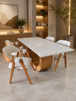 Conjunto Emirados Amêndoa com Tampo Vidro Off White 160x90 + 04 Cadeiras Safira Courissimo Bege