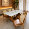 Conjunto Emirados Amêndoa com Vidro Off White 200x100 + 06 Cadeiras Milano Courissimo Caramelo com Rattan