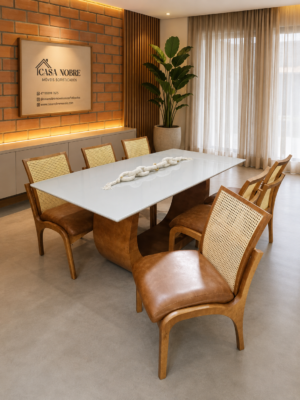 Conjunto Emirados Amêndoa com Vidro Off White 200x100 + 06 Cadeiras Milano Courissimo Caramelo com Rattan