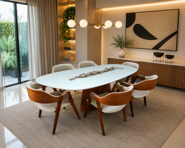 Conjunto Aurora com Vidro 200x100 + 06 Cadeiras Safira Facto Pérola com Corda Náutica