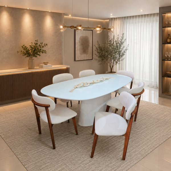 1000247302 Conjunto Aurora 160x90 Branco com Vidro Branco + 06 Cadeiras Serena Courissimo Bege
