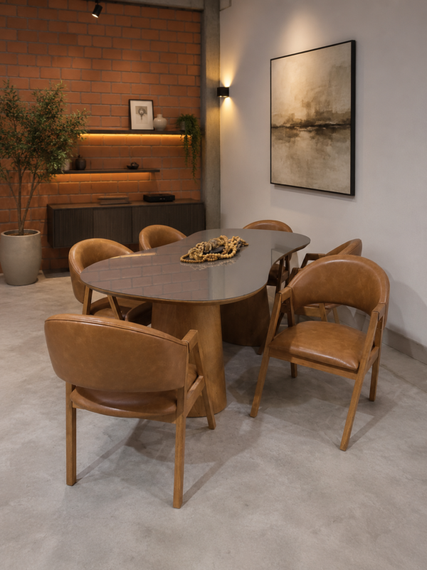 Conjunto Austria com Tampo em Vidro Metalizado 200x100 + 06 Cadeiras London Courissimo Caramelo
