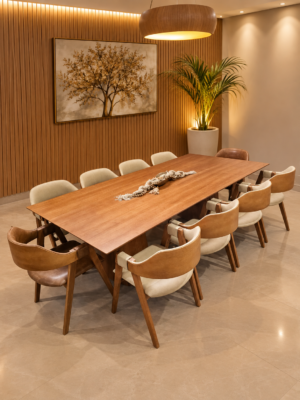 Conjunto Modena Amêndoa 270x130 + 10 Cadeiras Safira