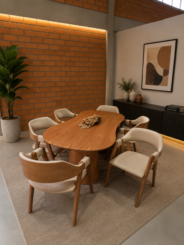 Conjunto Austria Laminado Amêndoa 200x100 com 06 Cadeiras Safira Courissimo Palha 9827
