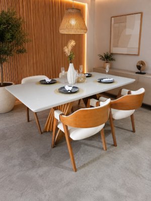 Conjunto Dubai 160x90 em Vidro Off White com 04 Cadeiras Safira Courissimo Bege